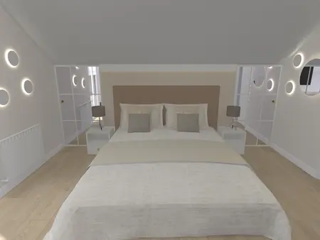 Sypialnia w stylu minimalistycznym z nowoczesnym oświetleniem i drewnianą podłogą.