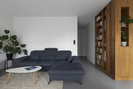 Minimalistyczny salon z niebieską kanapą, drewnianą biblioteczką i rośliną.