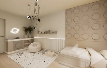 Pokój dziecięcy w stylu minimalistycznym z jasnymi meblami i nowoczesnym oświetleniem.