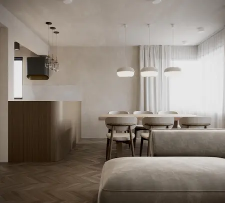 Wnętrze jadalni w stylu soft minimalizm z drewnianym stołem i nowoczesnymi lampami.