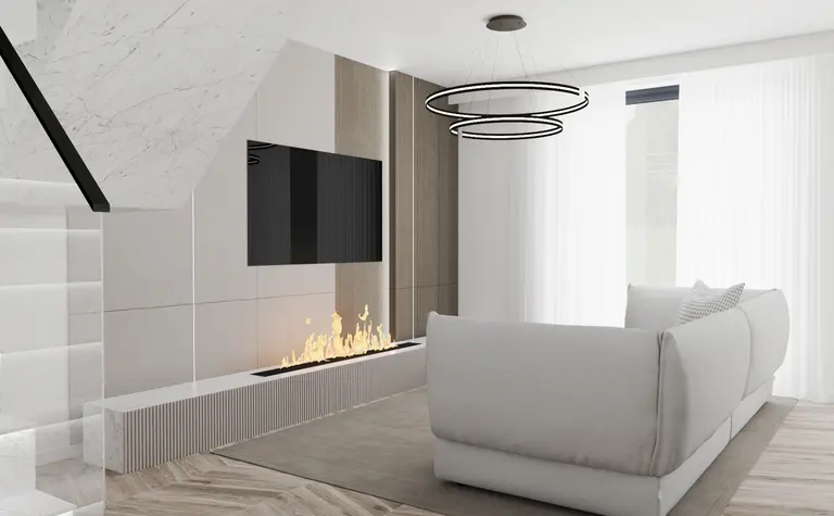 Wnętrze nowoczesnego salonu z minimalistycznym designem, białą sofą i kominkiem.
