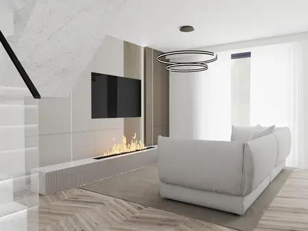 Wnętrze nowoczesnego salonu z minimalistycznym designem, białą sofą i kominkiem.