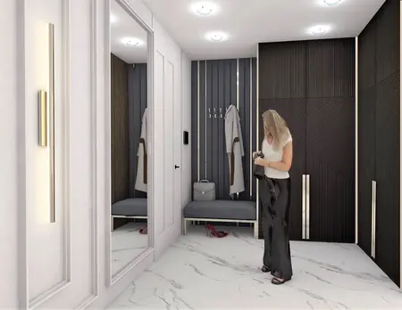 Przedpokój w stylu glamour z białymi meblami i czarnymi detalami.