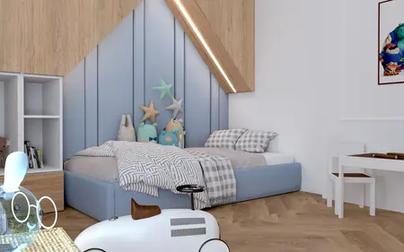 Pokój dziecięcy z niebieskimi detalami, minimalistyczny wystrój, nowoczesne meble.