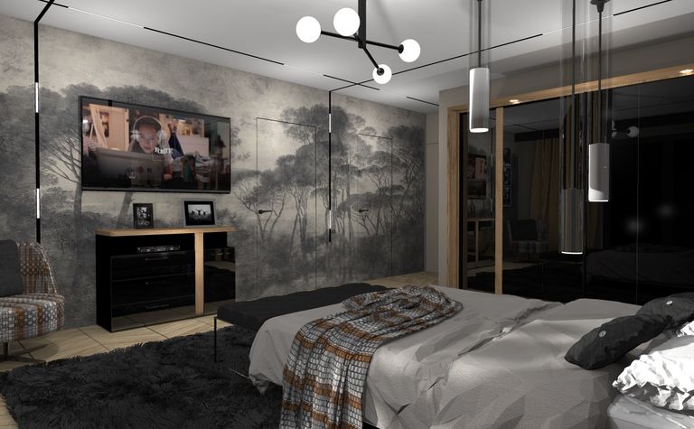 Wnętrze sypialni z telewizorem, nowoczesnymi lampami i dekoracjami w stylu dopamine decor, industrialnym.