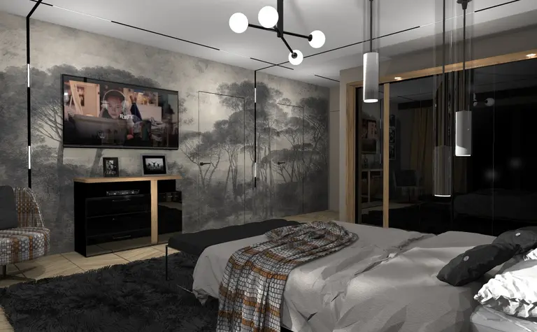 Wnętrze sypialni z telewizorem, nowoczesnymi lampami i dekoracjami w stylu dopamine decor, industrialnym.