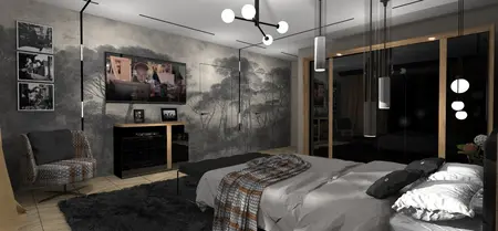 Wnętrze sypialni z telewizorem, nowoczesnymi lampami i dekoracjami w stylu dopamine decor, industrialnym.