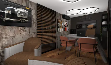 Wnętrze gabinetu w stylu dopamine decor, industrialnym, japandi z drewnianymi elementami.