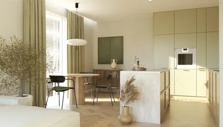 Wnętrze kuchni w stylu japandi, soft minimalizm i vintage z zielonymi akcentami.