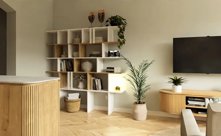 Wnętrze salonu w stylu boho, japandi, minimalistycznym z roślinami