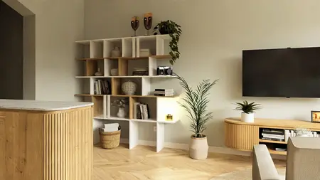 Wnętrze salonu w stylu boho, japandi, minimalistycznym z roślinami