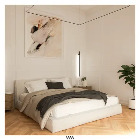 Sypialnia w stylu soft minimalizm z tradycyjnymi akcentami i vintage dodatkami.