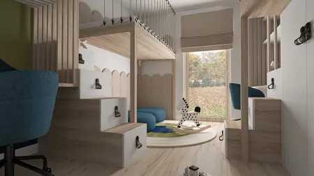 Wnętrze pokoju dla dzieci z drewnianymi meblami, niebieskimi akcentami i elementami dopamine decor.