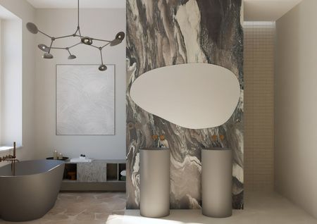 Wnętrze łazienki w stylu quiet luxury, soft minimalizm i vintage z elegancką armaturą.