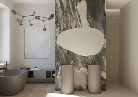 Wnętrze łazienki w stylu quiet luxury, soft minimalizm i vintage z elegancką armaturą.