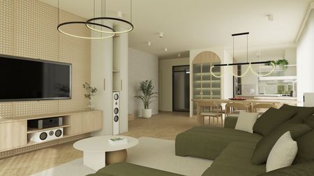 Wnętrze salonu w stylu japandi z zieloną sofą i drewnianymi detalami.