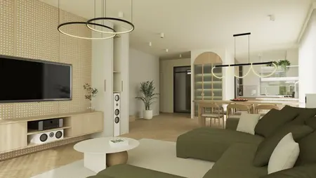 Wnętrze salonu w stylu japandi z zieloną sofą i drewnianymi detalami.