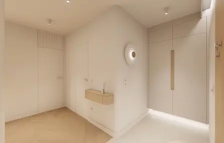 Nowoczesny przedpokój w stylu japandi, minimalistycznym, quiet luxury.