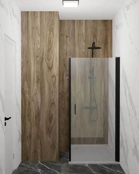Nowoczesna łazienka z prysznicem, drewnem i marmurowymi akcentami, styl glamour i minimalistyczny.