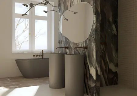 Wnętrze łazienki z wanną, okrągłym lustrem i marmurową ścianą. Styl quiet luxury i soft minimalizm.