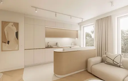 Kuchnia w stylu japandi z minimalistycznym wykończeniem i nowoczesnymi detalami.