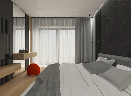 Sypialnia w stylu minimalistycznym z szarymi zasłonami, drewnianymi meblami i nowoczesnymi detalami.