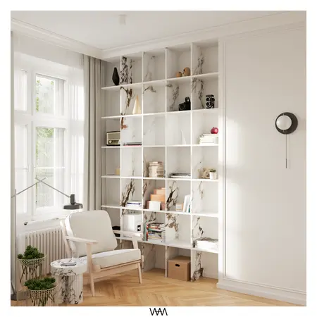 Wnętrze salonu w stylu soft minimalizm z białym regałem i marmurowymi akcentami.