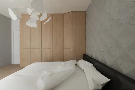 Wnętrze sypialni z minimalistycznym designem, drewniana szafa i szare ściany.