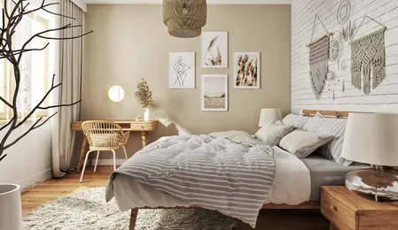 Wnętrze sypialni w stylu boho, eklektycznym i rustykalnym z drewnianymi elementami.