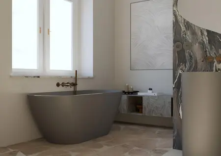 Wnętrze łazienki z wanną, marmurowymi detalami i świecami, styl quiet luxury, soft minimalizm, vintage.