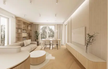 Nowoczesne wnętrze w stylu japandi z minimalistycznym umeblowaniem.
