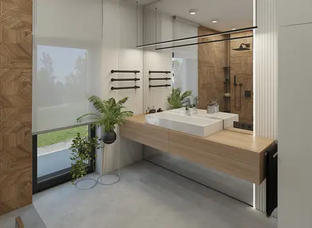 Nowoczesna łazienka z minimalistycznym designem, drewnianymi akcentami i roślinami.