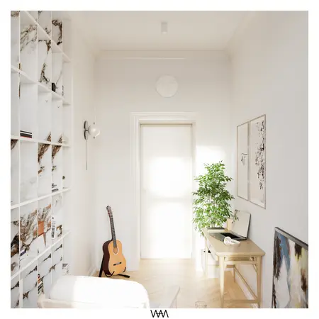 Wnętrze w stylu soft minimalizm z meblami vintage, regałem i rośliną.
