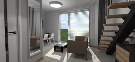 Wnętrze salonu z brązowymi meblami, stołem i schodami w stylu industrialnym, japandi i minimalistycznym.
