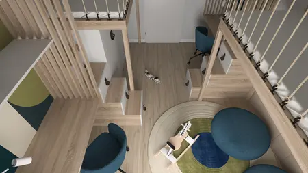Pokój dziecięcy z drewnianymi meblami i zabawkami w stylu dopamine decor.