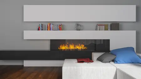 Nowoczesny salon z kominkiem i minimalistycznymi meblami.