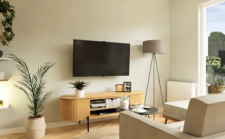 Wnętrze salonu z roślinami, boho i minimalistycznym designem, nowoczesne oświetlenie.