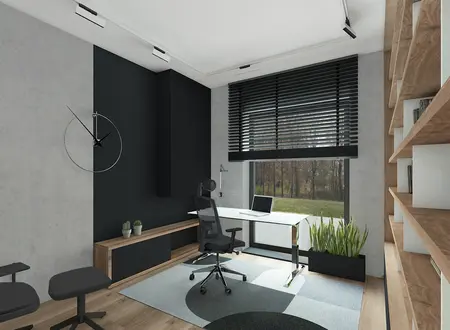 Wnętrze gabinetu z minimalistycznym biurkiem, roślinami i nowoczesnymi detalami.