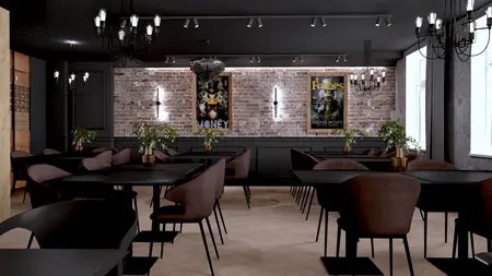 Wnętrze restauracji w stylu industrialnym z ciemnymi meblami, oświetleniem i dekoracjami.