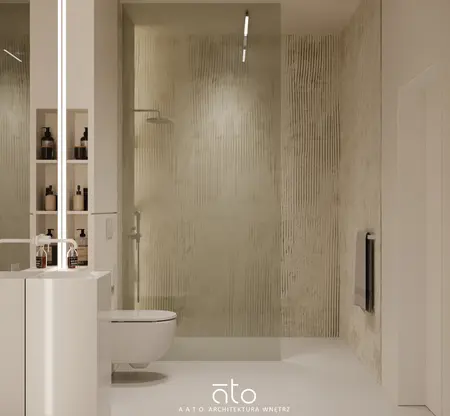 Nowoczesna łazienka w stylu minimalistycznym z szarymi i białymi elementami.