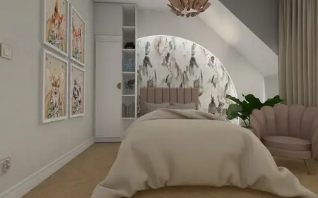 Wnętrze sypialni z różową kanapą i kwiatową tapetą w stylu glamour i nowoczesnym.