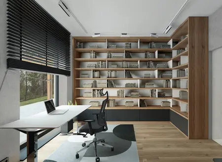 Wnętrze gabinetu w stylu minimalistycznym z drewnianą biblioteczką i nowoczesnym biurkiem.