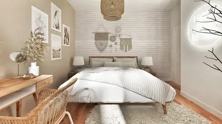 Sypialnia w stylu boho z drewnianymi meblami i dekoracjami eklektycznymi.