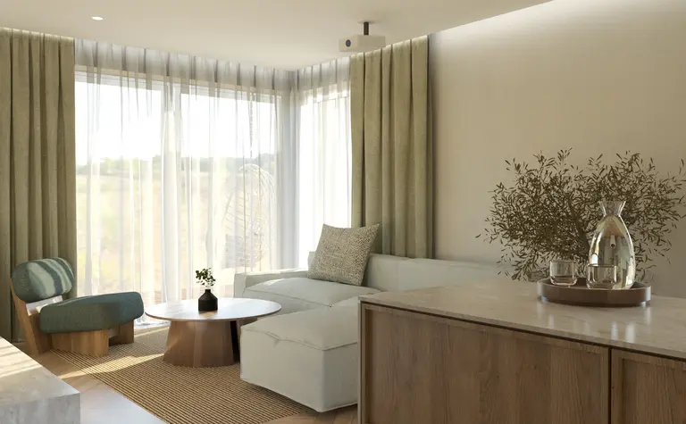 Wnętrze salonu w stylach japandi, soft minimalizm, vintage z jasnymi meblami.