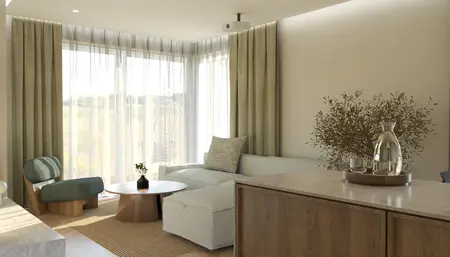 Wnętrze salonu w stylach japandi, soft minimalizm, vintage z jasnymi meblami.