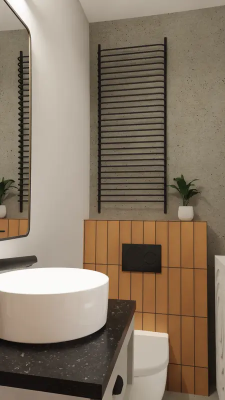 Nowoczesna łazienka z minimalistycznym designem, białą umywalką i drewnianymi detalami.