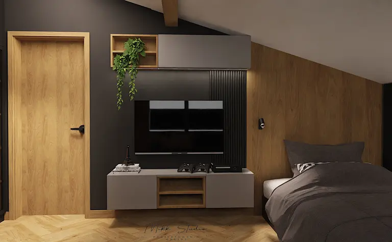 Nowoczesne wnętrze pokoju z drewnianą ścianą, telewizorem i roślinnością. Styl boho.