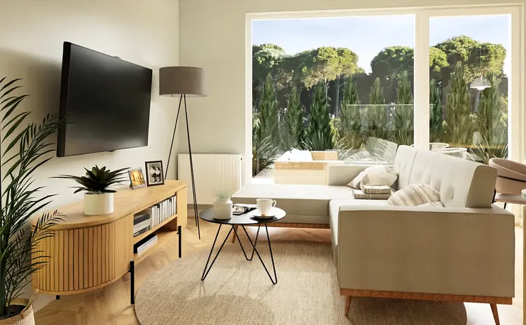 Wnętrze salonu w stylu boho, japandi, minimalistycznym, nowoczesnym, współczesnym z roślinami.