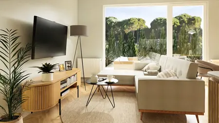 Wnętrze salonu w stylu boho, japandi, minimalistycznym, nowoczesnym, współczesnym z roślinami.
