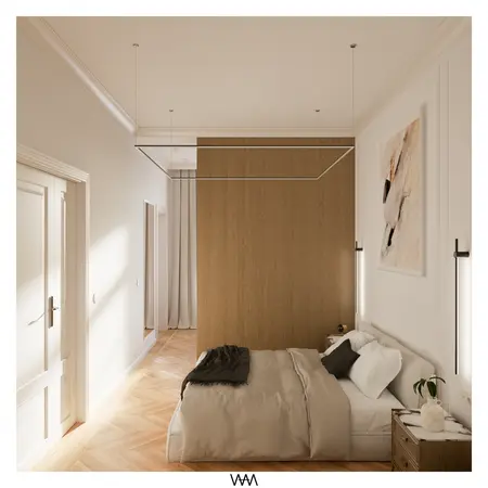 Wnętrze sypialni w stylu soft minimalizm, tradycyjnym i vintage z drewnianą ścianą.